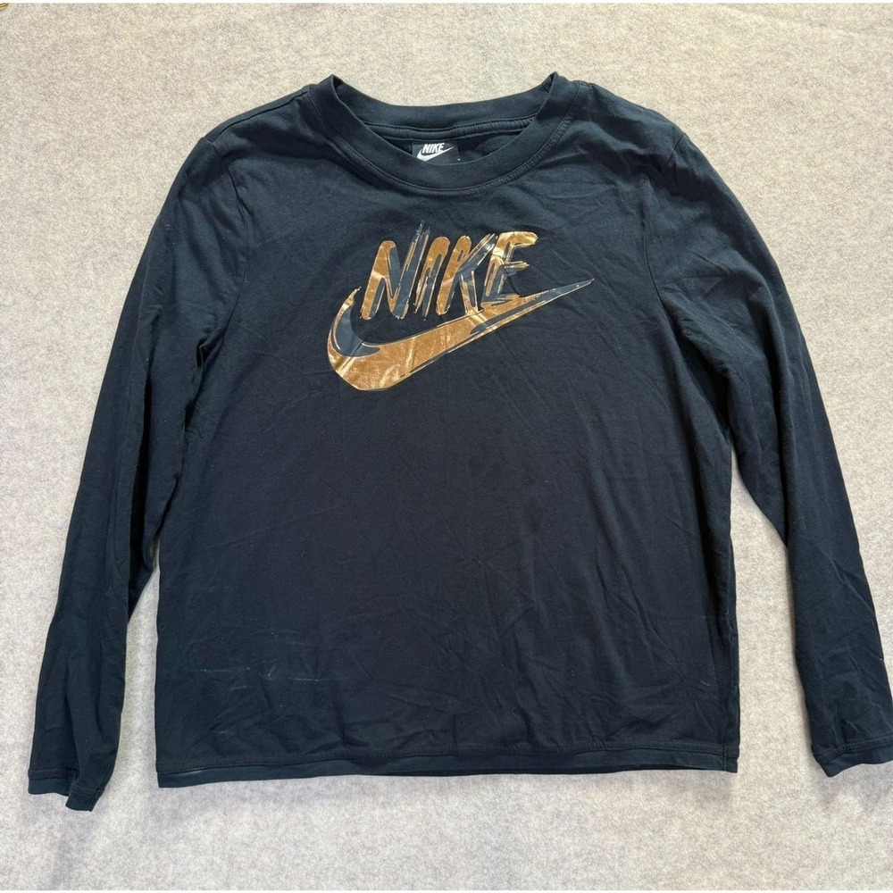 Nike Long Sleeve Shirt Kids Large Black Gold Foil Logo Graphic Tee Sportswear